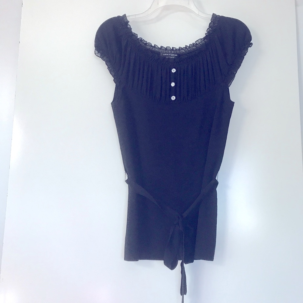 Cable & Gauge Petite M Black Belted Ruffle Neck Sweater Rhinestone Buttons